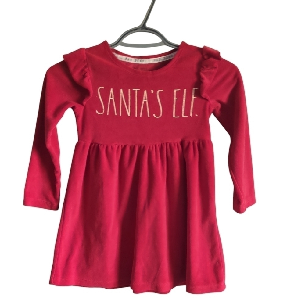 Rae Dunn "Santa's Elf|" Red Velour Ruffle Dress Size‎ 4
